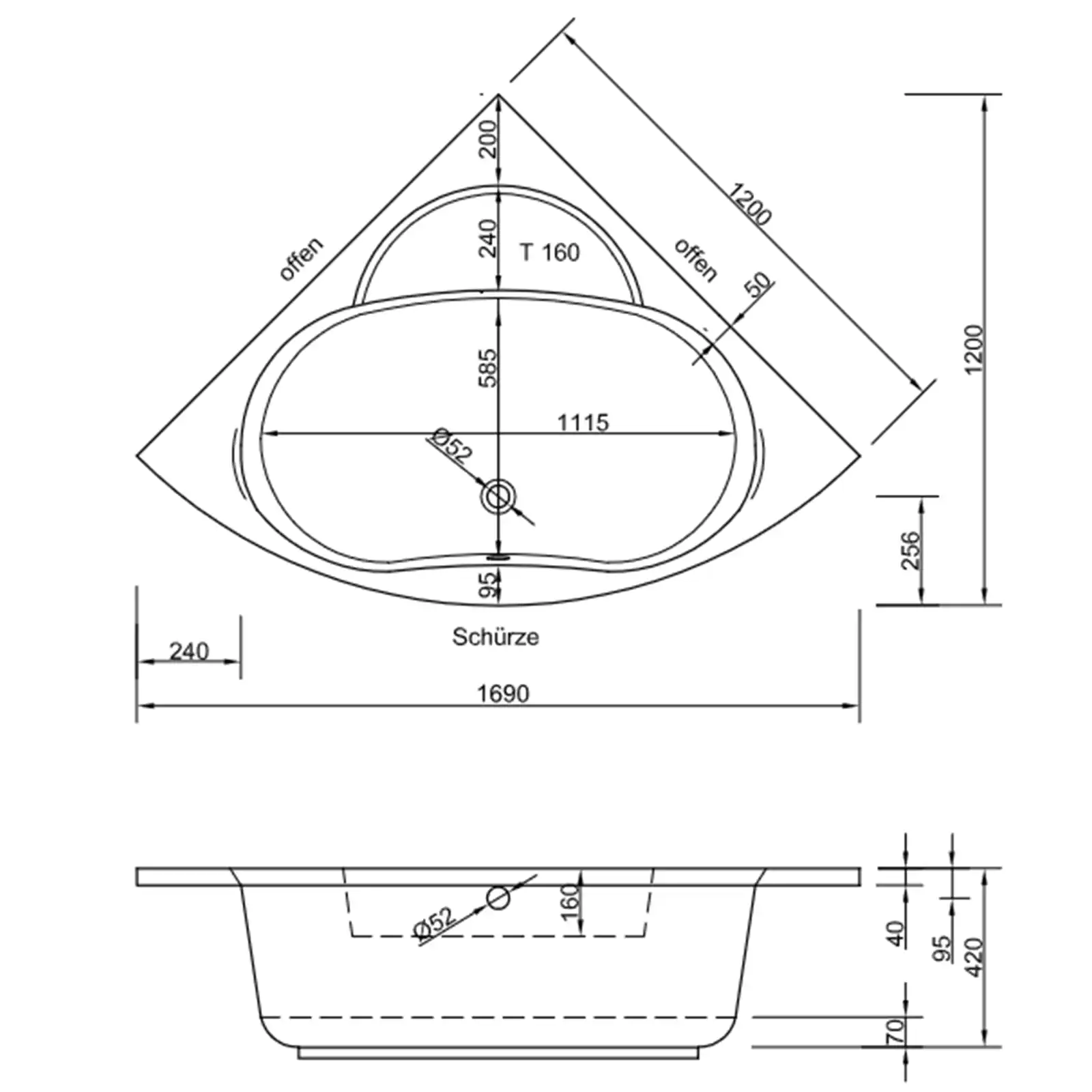 Eine perspektivische Zeichnung einer Eckbadewanne mit ovaler Form. Die Maße und Details für die Installation sind angegeben, darunter Anschlüsse und Räumlichkeiten für die Badewannenverkleidung.