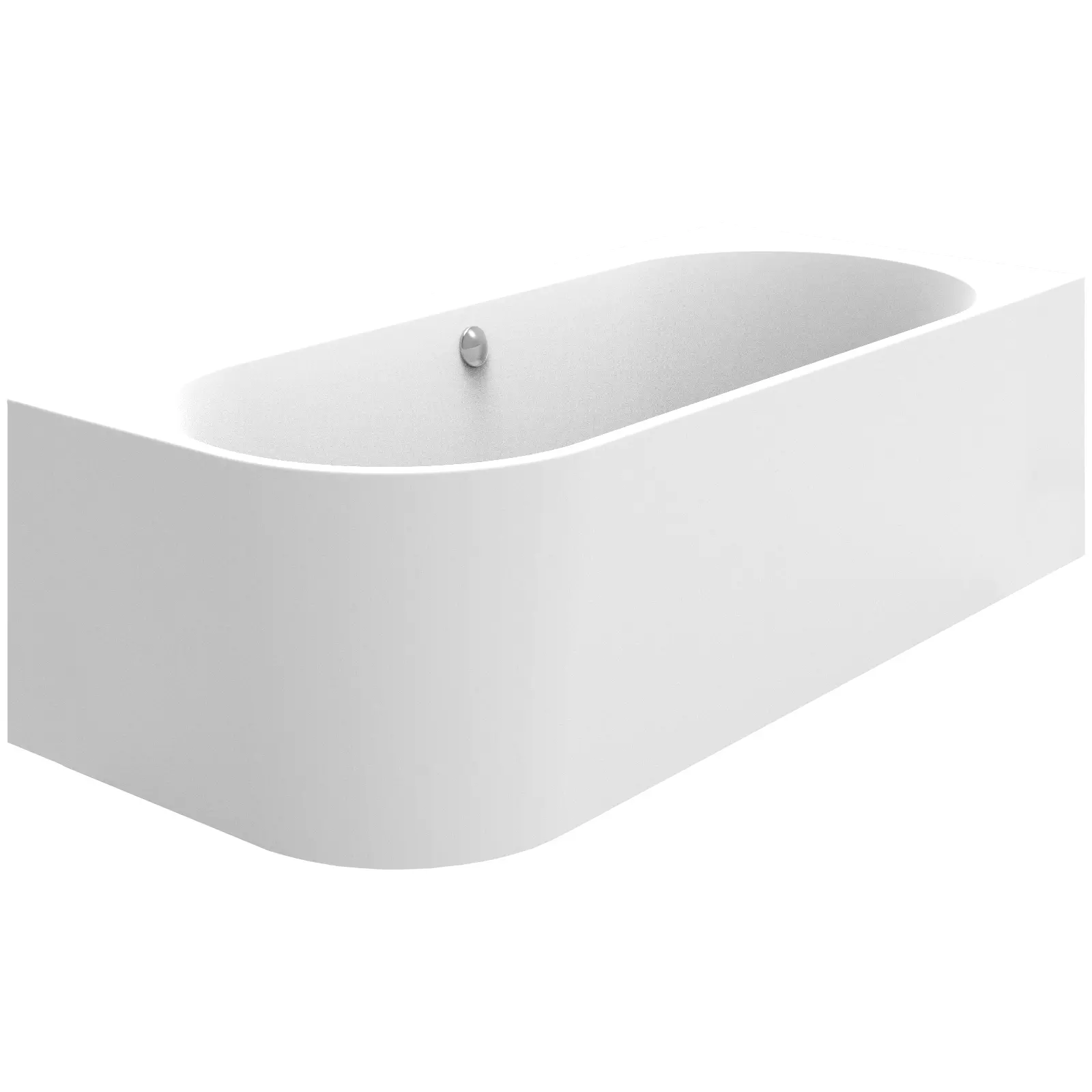 Eine weiße, freistehende Badewanne mit abgerundeten Kanten und ovaler Form. Sie hat einen einfachen, modernen Look und steht isoliert vor einem weißen Hintergrund, der die klare Linienführung betont.