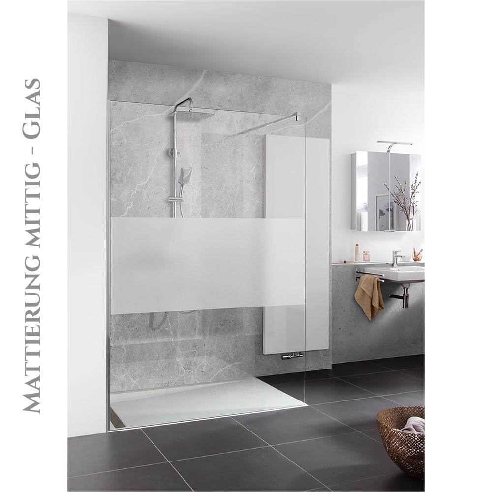 HSK Walk In Easy Comfort Duschabtrennung - Frontelement 900 mm-Alu Silber-matt-Mattierung mittig-ohne Beschichtung HSK Walk In Easy Frontelement-Duschabtrennung 1600 mm-Chromoptik-Mattierung mittig-mit Edelglasbeschichtung