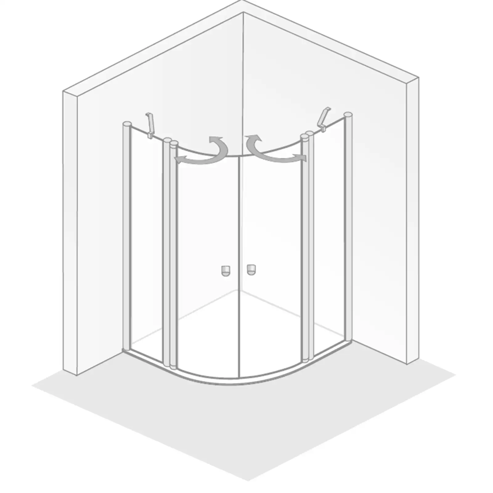 Eine Duschkabine, die in einer Ecke installiert ist. Sie besteht aus klarem Glas mit gebogenen Türen, die nach außen öffnen. Die Wände sind schlicht und unifarben.