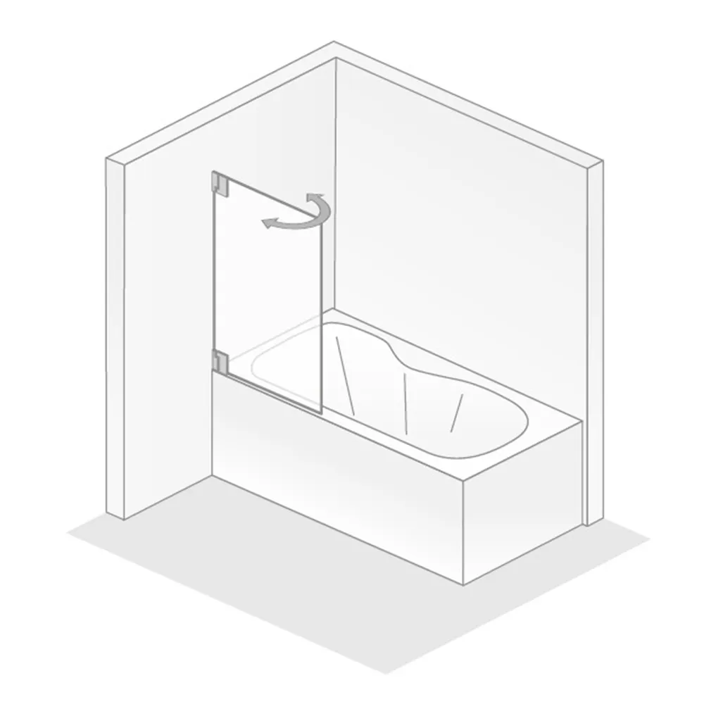 Eine Badewanne mit einer transparenten, aufschwenkbaren Duschabtrennung, die an einer Wand montiert ist. Das Design ist schlicht und modern, auf weißem Hintergrund.