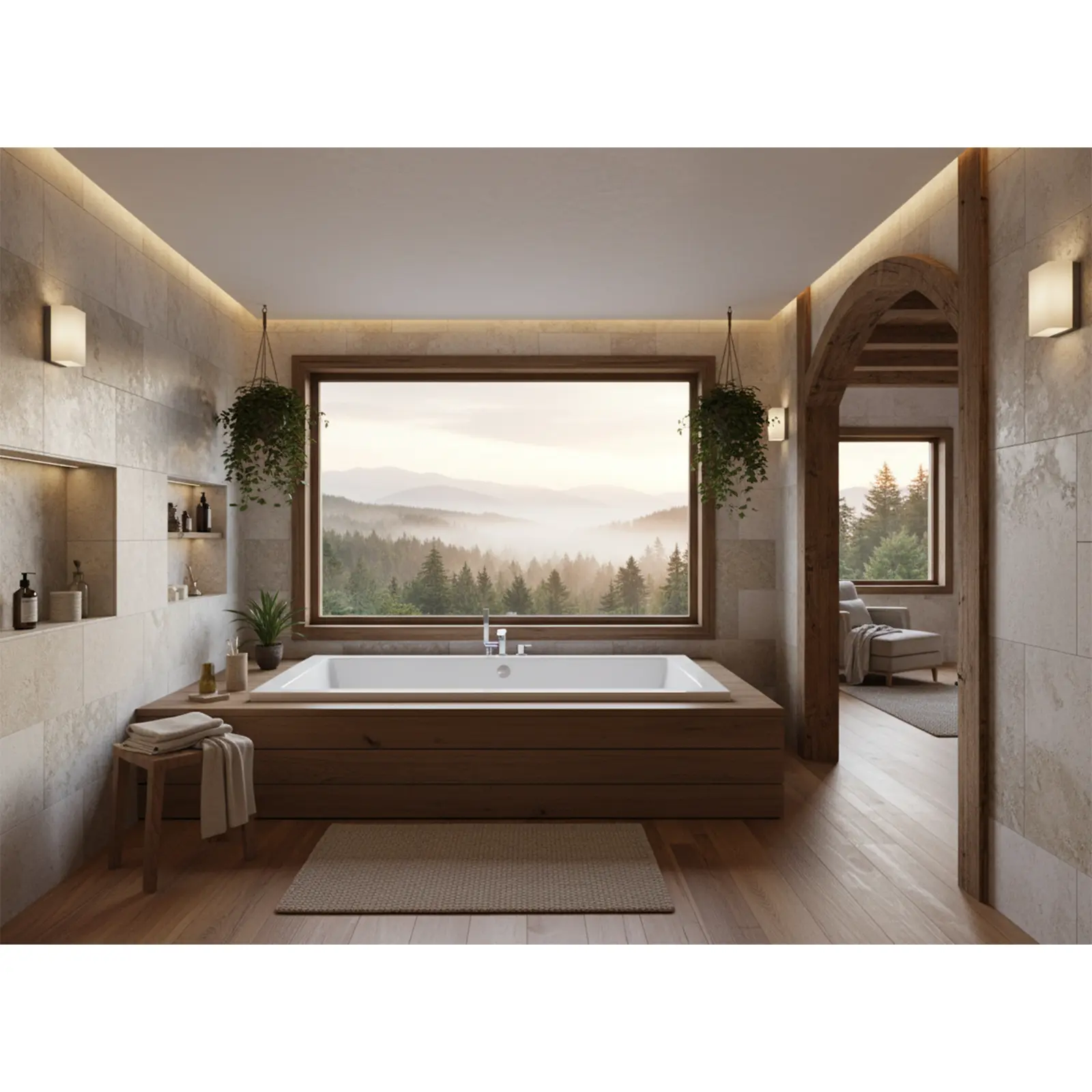Eine moderne Badewanne aus Holz steht im Raum, während der Blick durch ein großes Fenster auf den Wald und die Berge gerichtet ist. Pflanzen und dekorative Elemente verleihen ein gemütliches Ambiente. Holzfußboden und helle Wände schaffen eine warme Atmos