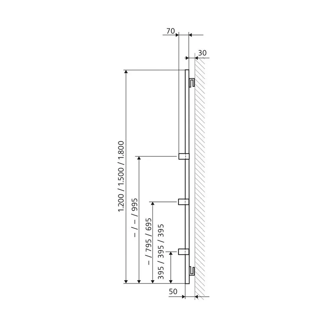 Ein detaillierter technische Zeichnung eines Duschsystems. Die Abmessungen sind angegeben, einschließlich Höhe von 1200, 1500 oder 1800 mm und Breite von 70 mm. Es zeigt eine Wandstruktur mit verschiedenen Höhenmarkierungen.