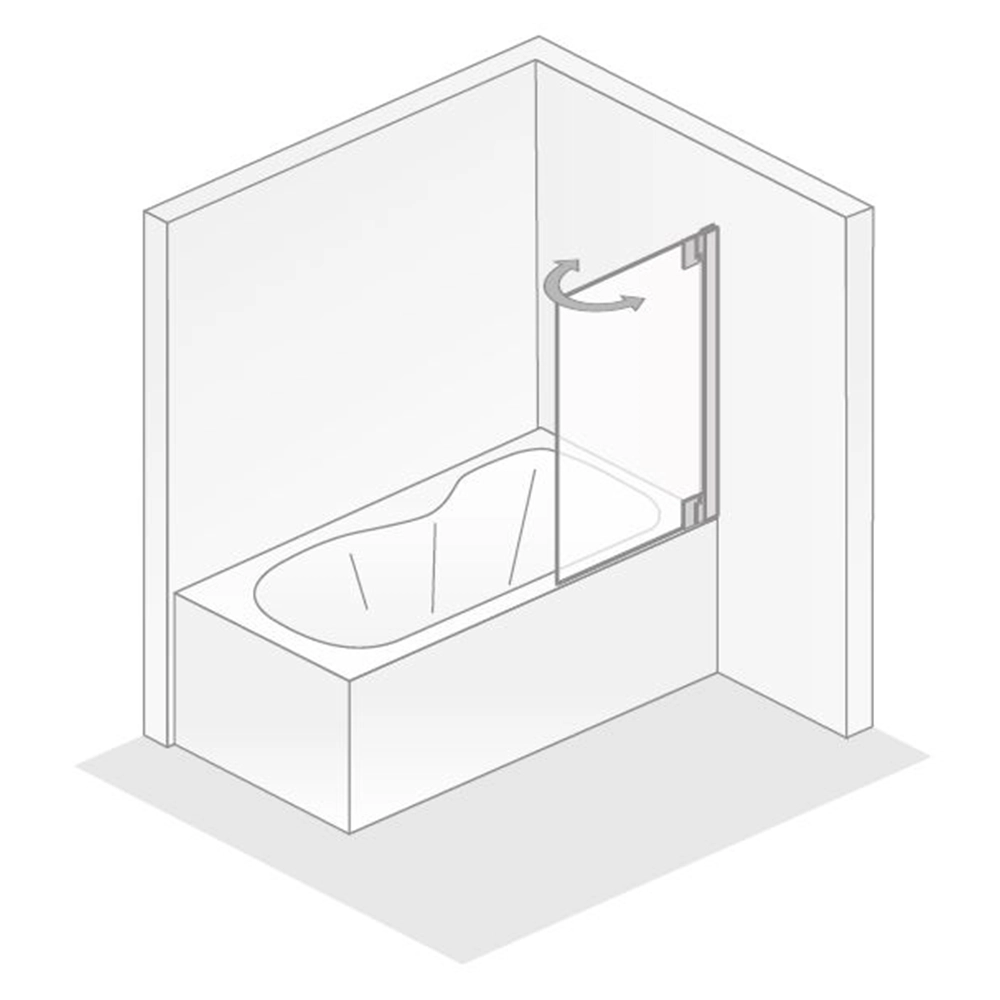 Eine Badewanne mit einer sich öffnenden Glastür wird dargestellt. Die Wanne hat eine ergonomische Form und steht in einem einfachen, minimalistischen Badezimmerkontext ohne weitere Details.