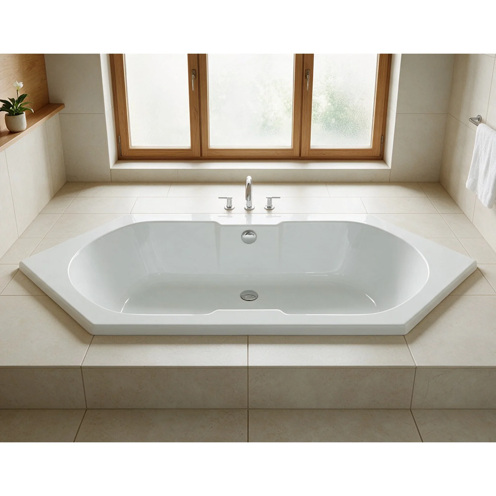 Eine elegante, weiße Eckbadewanne steht auf einem gefliesten Boden. Die Wanne hat eine glatte Oberfläche und ist mit einer modernen Wasserhahn-Armatur ausgestattet. Große Fenster im Hintergrund sorgen für natürliches Licht.