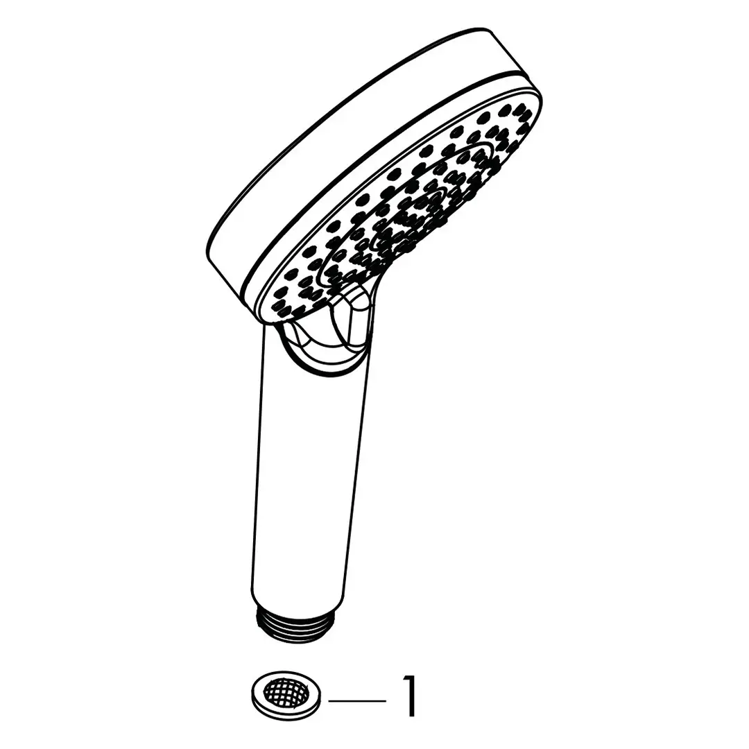 Ein Duschkopf mit runder, flacher Oberfläche, die mit vielen kleinen Düsen versehen ist. Der Griff ist schmal und endet in einem Gewinde. Eine kleine Abbildung eines Filters ist unten zu sehen.