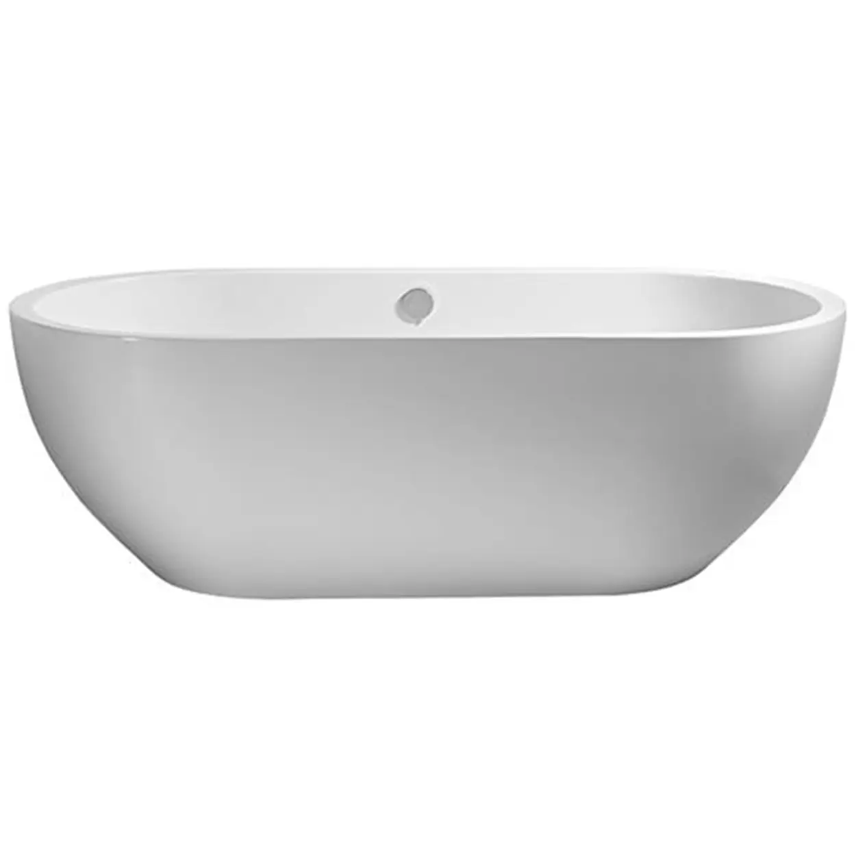 Eine freistehende Badewanne in ovaler Form mit glatter, weißer Oberfläche. Der Wasserablauf befindet sich an einer kurzen Seite. Sie steht auf einem neutralen, einfarbigen Hintergrund.