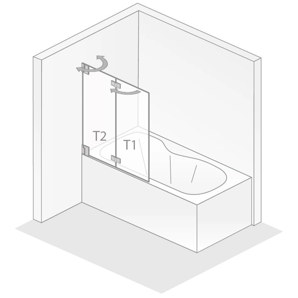 Ein schematisches Bild zeigt eine Badewanne mit zwei transparenten Duschabtrennungen (T1 und T2). Die Abtrennungen sind an der Wand befestigt und der Raum hat eine minimalistische, weiße Umgebung.