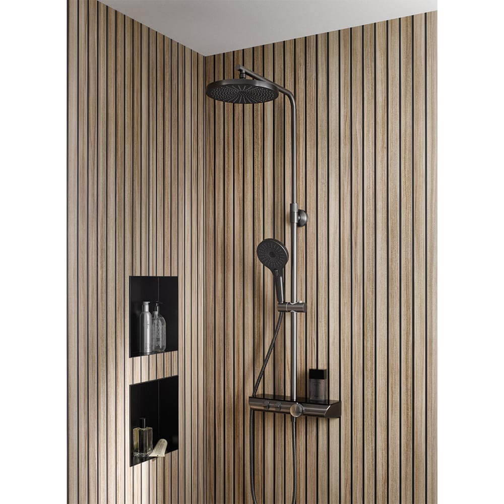 HSK Duschsystem AquaX Pro 200 Thermostat mit Ablage-Kopfbrause flach ø 250 mm-Gunmetal gebürstet HSK Duschsystem AquaX Pro 200 Thermostat mit Ablage-Kopfbrause flach ø 250 mm-Gunmetal gebürstet