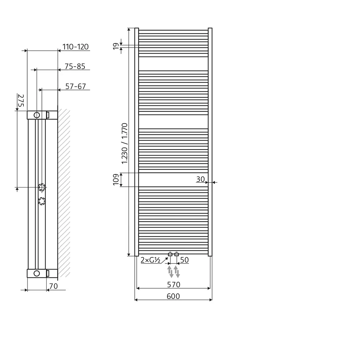 HSK Line Two Badheizkörper Handtuchheizkörper Mittelanschluß 600 x 1770 mm-pergamon