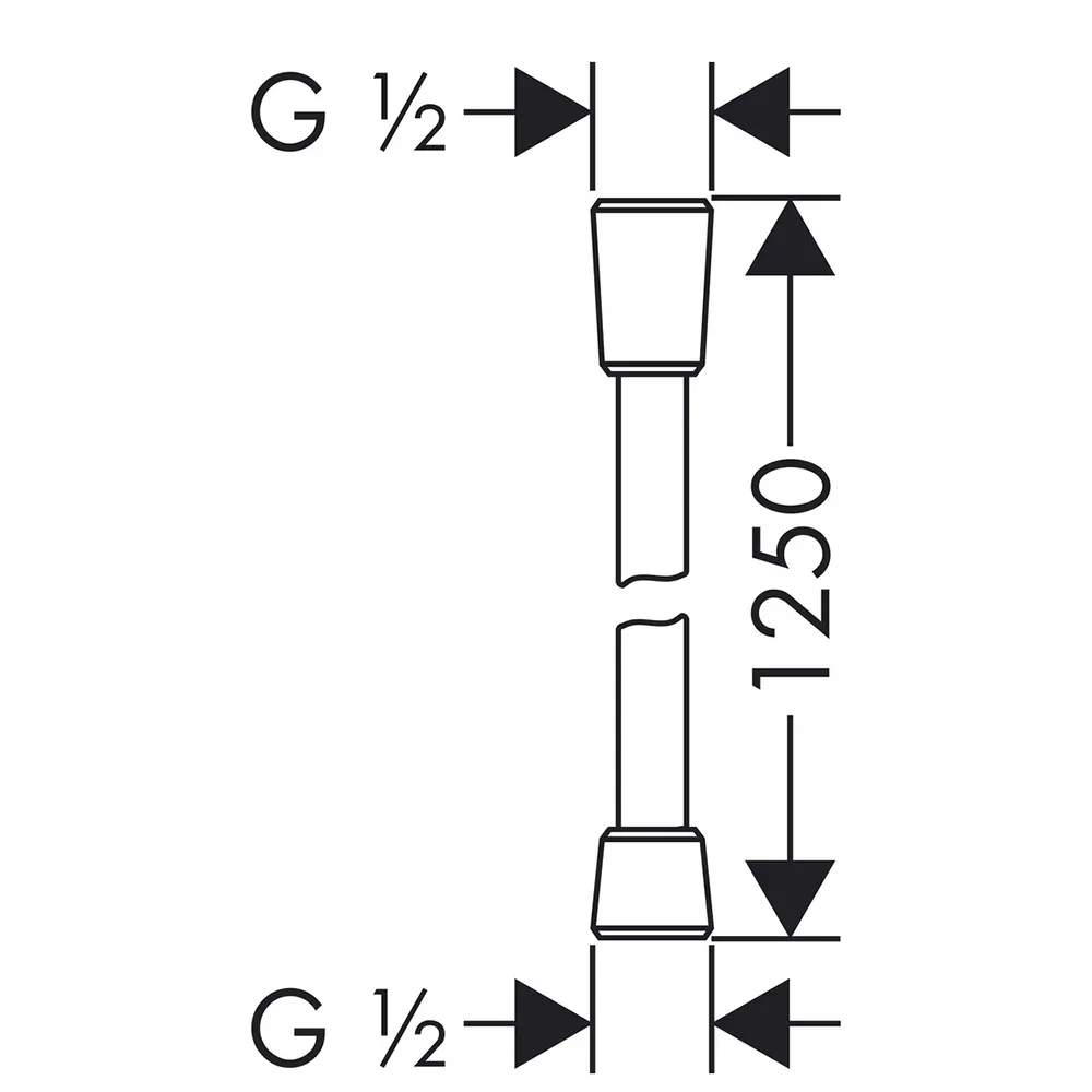 Die Abbildung zeigt eine technische Zeichnung eines Sanitärteils mit den Maßen G ½ und einer Gesamthöhe von 1250 mm. Die Skizze umfasst zwei identische Abschnitte, die symmetrisch angeordnet sind.