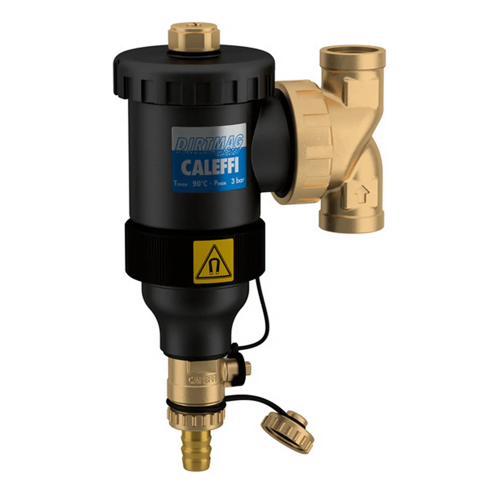 Ein schwarzer Magnetabscheider mit goldenen Armaturen, beschriftet mit -CALEFFI- und Warnsymbol. Er hat einen seitlichen Anschluss und eine Entlüftung, um Verunreinigungen aus Heizsystemen zu entfernen.