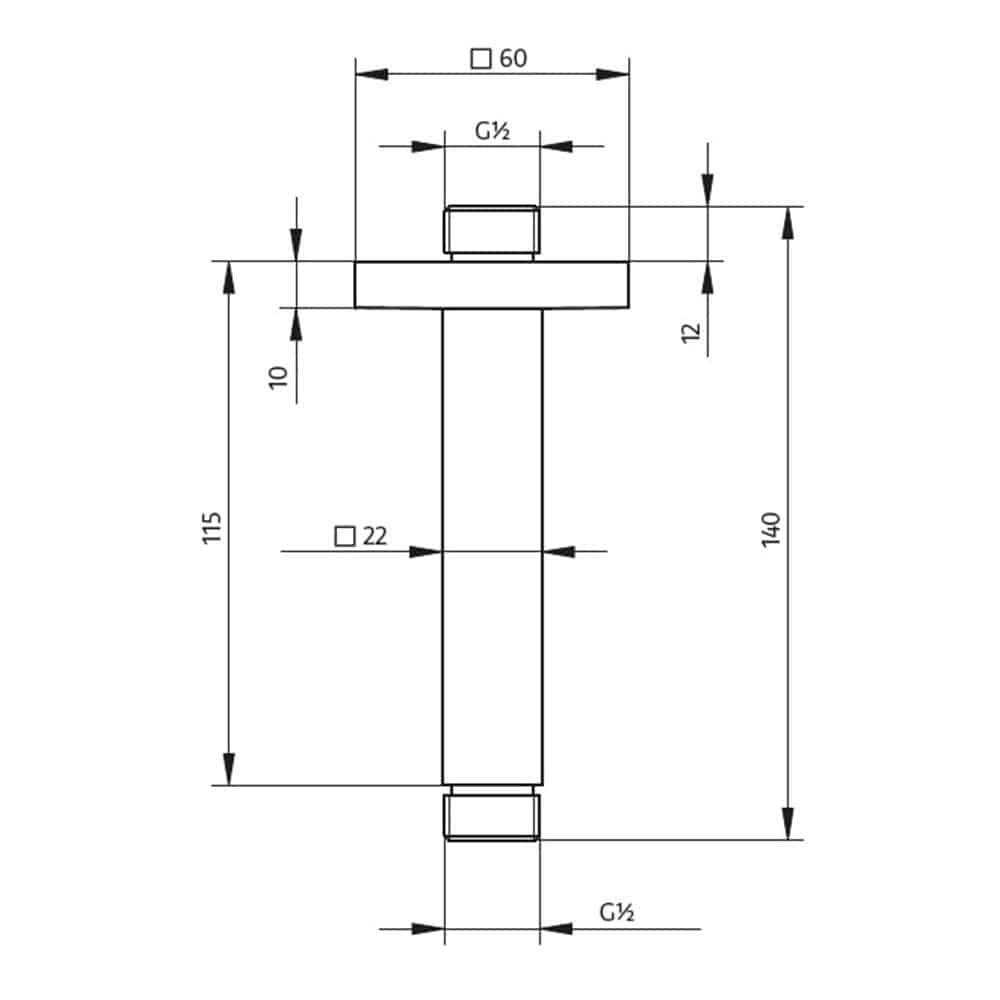 Deckenarm HSK eckig mit Rosette 140mm technische Zeichnug