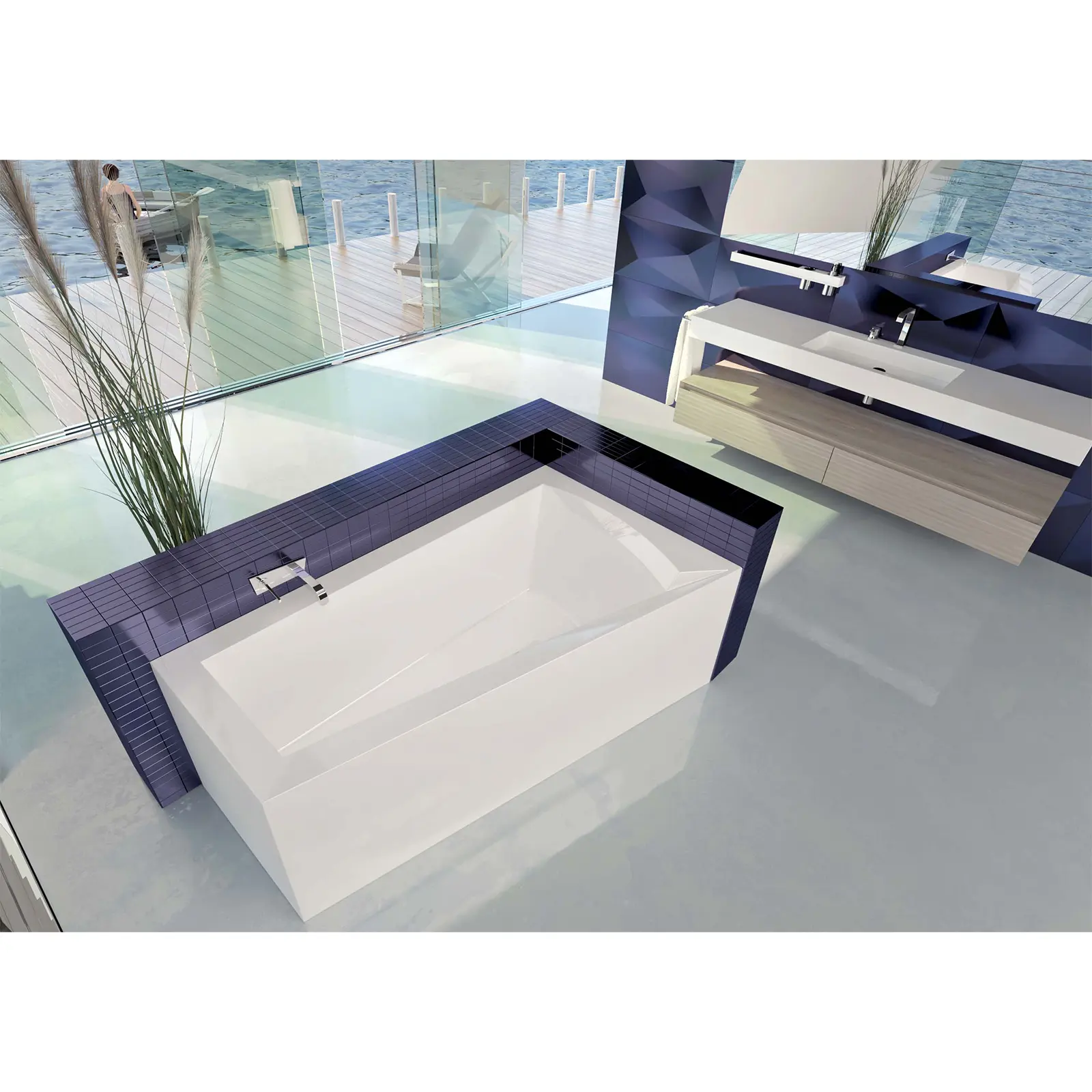 Eine moderne Badewanne mit einer weißen Oberfläche und einem Rechteckauslauf aus blauen Fliesen steht in einem hellen, eleganten Badezimmer. Im Hintergrund sind ein Waschbecken und große Glasflächen mit Ausblick auf Wasser zu sehen.