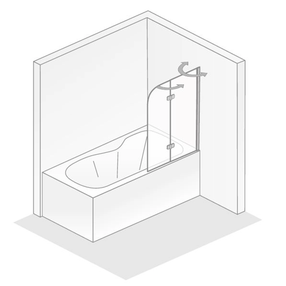 Eine freistehende Badewanne mit einer geschwungenen Form, die von einer transparenten Duschabtrennung mit Drehmechanismus umgeben ist. Die Darstellung ist schematisch und zeigt die Badewanne in einer minimalistischen Umgebung.