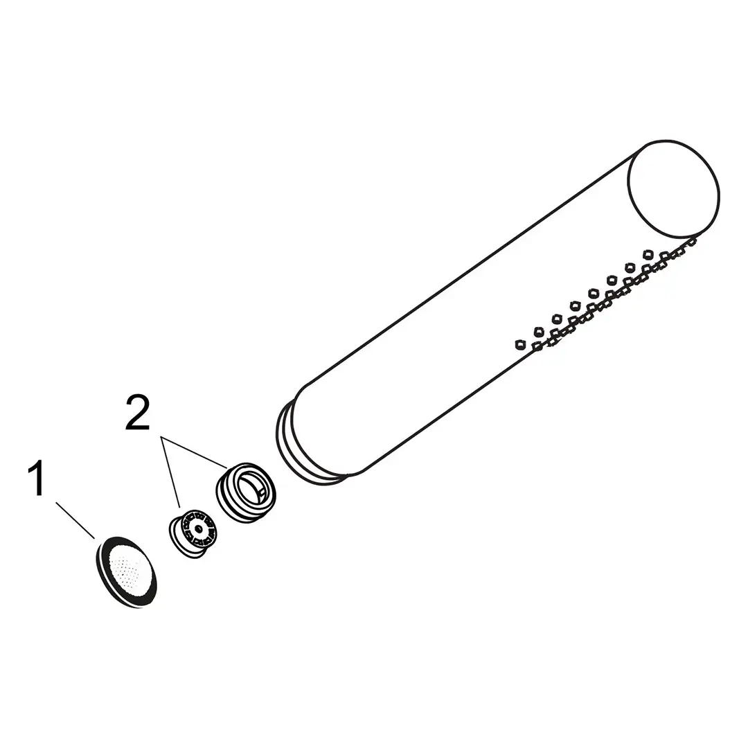 Eine lange, zylindrische Struktur mit kleinen Löchern, die eine Filtereinheit zeigt. Zwei separate Teile sind hervorgehoben, wobei ein Gitter und ein Dichtungselement skizziert sind. Die Darstellung ist schematisch und auf einem weißen Hintergrund.