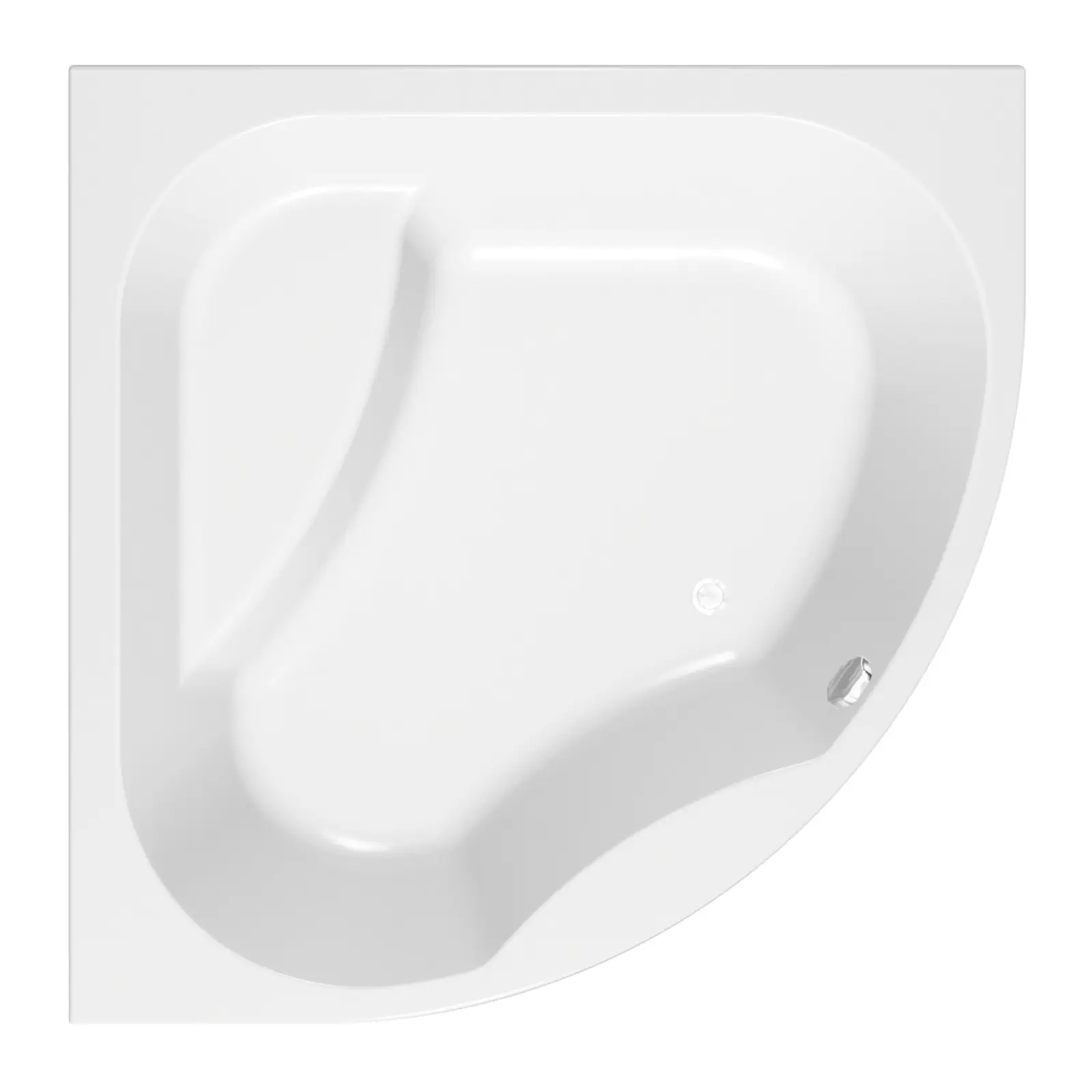Eine weiße, asymmetrische Eckbadewanne mit glatten, konturierten Innenflächen und einem Abfluss an der Seite. Sie ist auf einem neutralen Hintergrund präsentiert und wirkt modern und funktional.