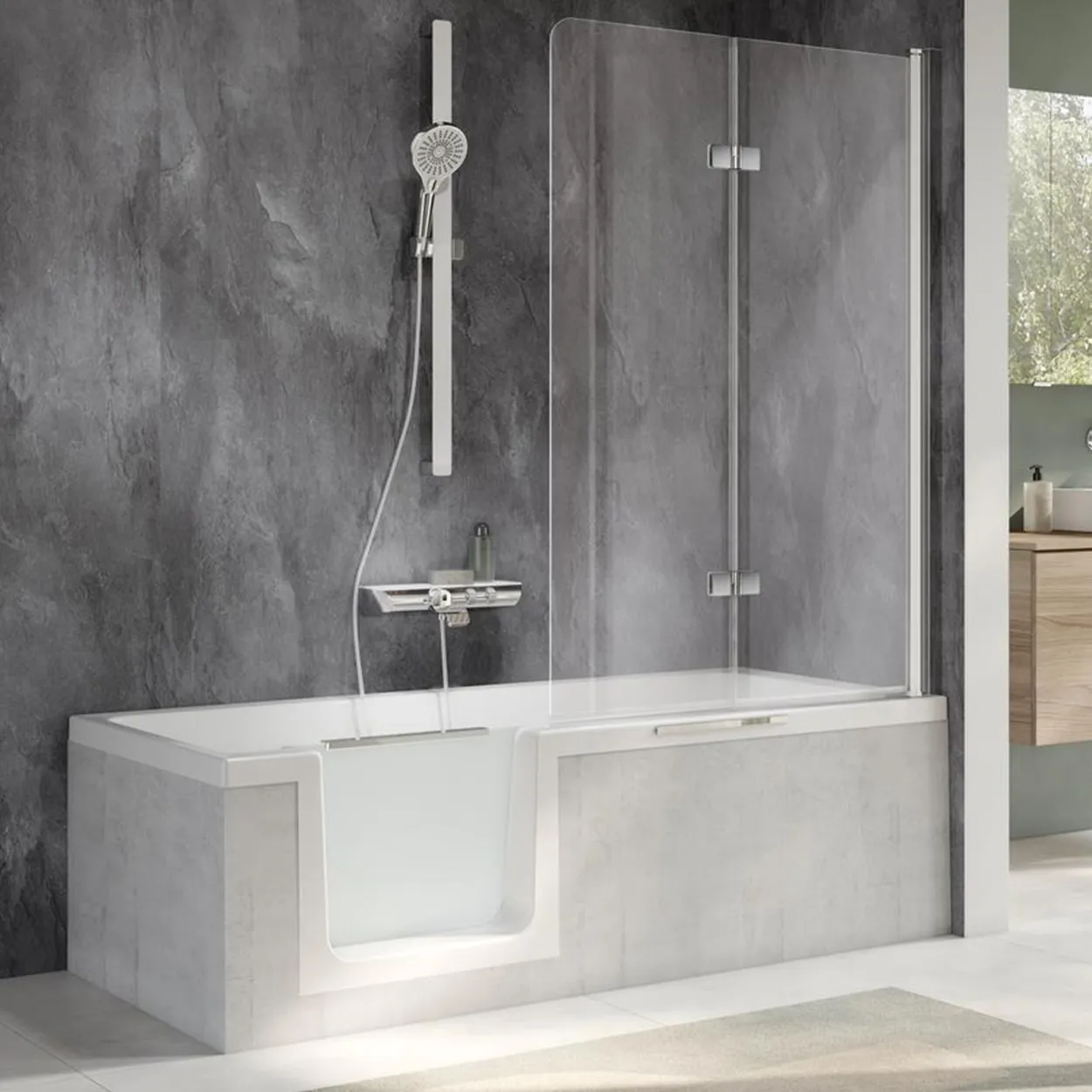 HSK Badewannenaufsatz Favorit Nova 2-teilig pendelbar 90x140cm-RA-Chrom-optik-Linea 02-mit Edelglasbeschichtung