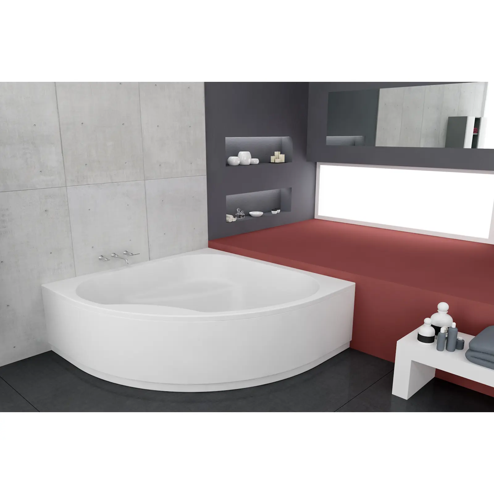 Eine weiße Eckbadewanne mit sanften Kurven ist links im Bild positioniert. Die Wand ist aus rohem Beton, während der angrenzende Bereich in einem tiefen Rotton gestaltet ist. Ein Spiegel und Regale ergänzen die Szene.