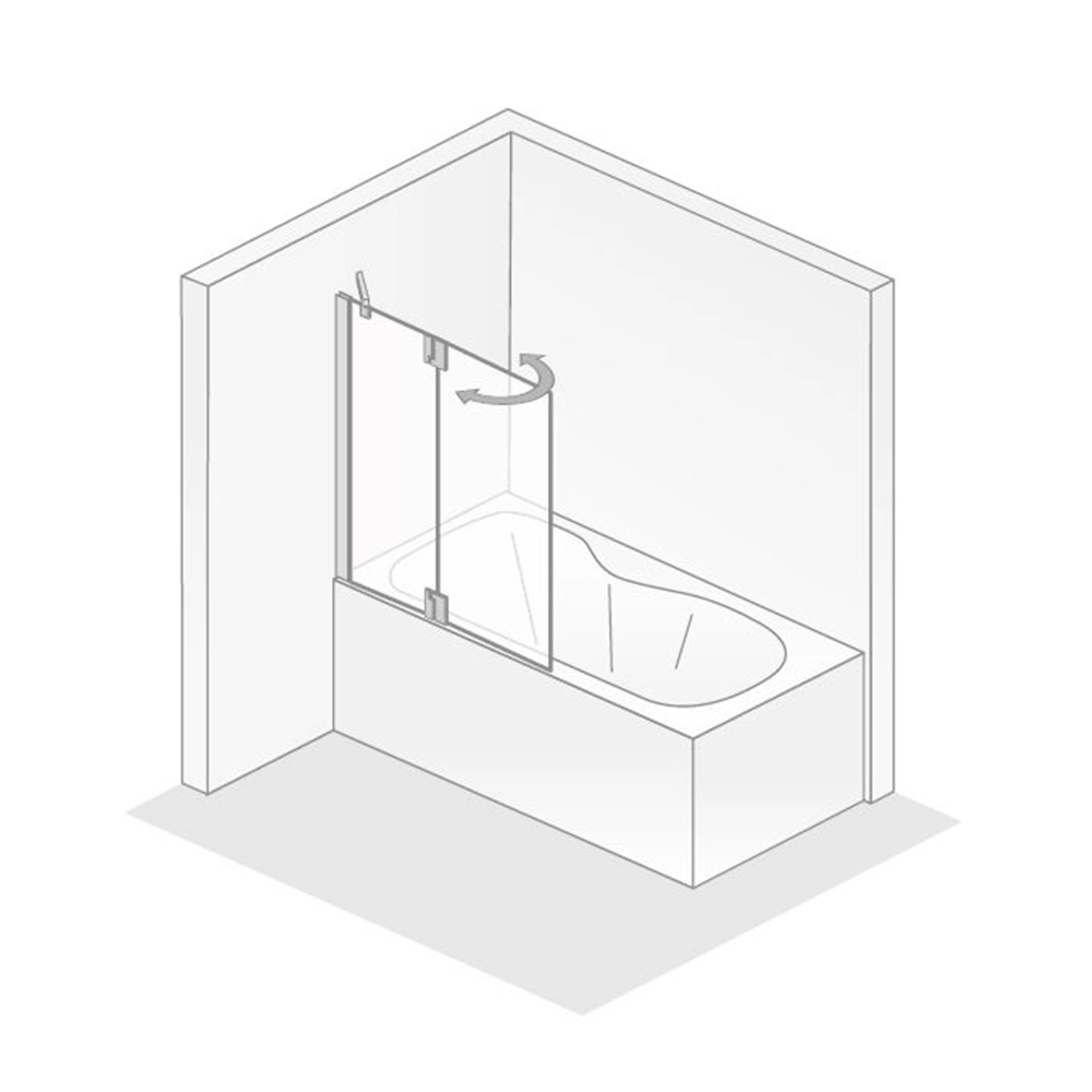 Eine freistehende Badewanne mit einer gläsernen Duschabtrennung, die im oberen Bereich an einem festen Halter befestigt und nach außen schwenkbar ist, ist in einem minimalistischen Badezimmer dargestellt.