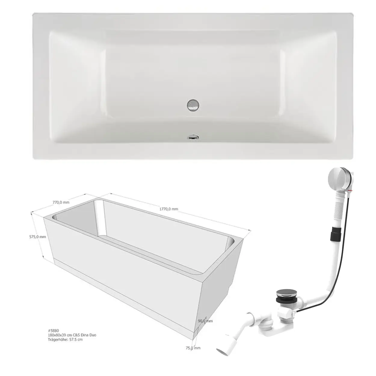 omplettset Rechteckbadewanne CSW Dina Duo 180x80x39 cm weiß, inklusive passendem Styroporträger und Excenter Ab- und Überlaufgarnitur.