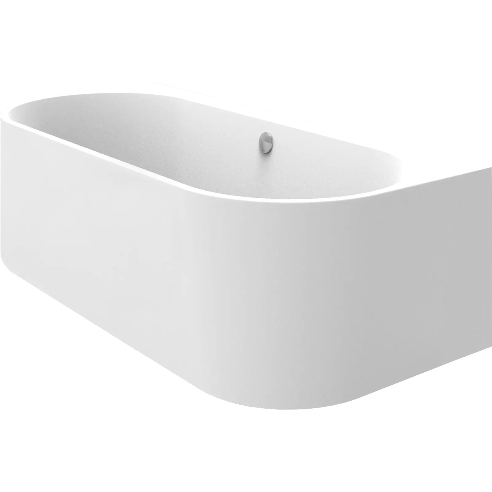 Eine weiße freistehende Badewanne mit ovaler Form und sanften Kanten. Sie hat eine glatte Oberfläche und einen zentralen Abfluss. Der Hintergrund ist neutral und hell, wodurch das Produkt im Fokus steht.