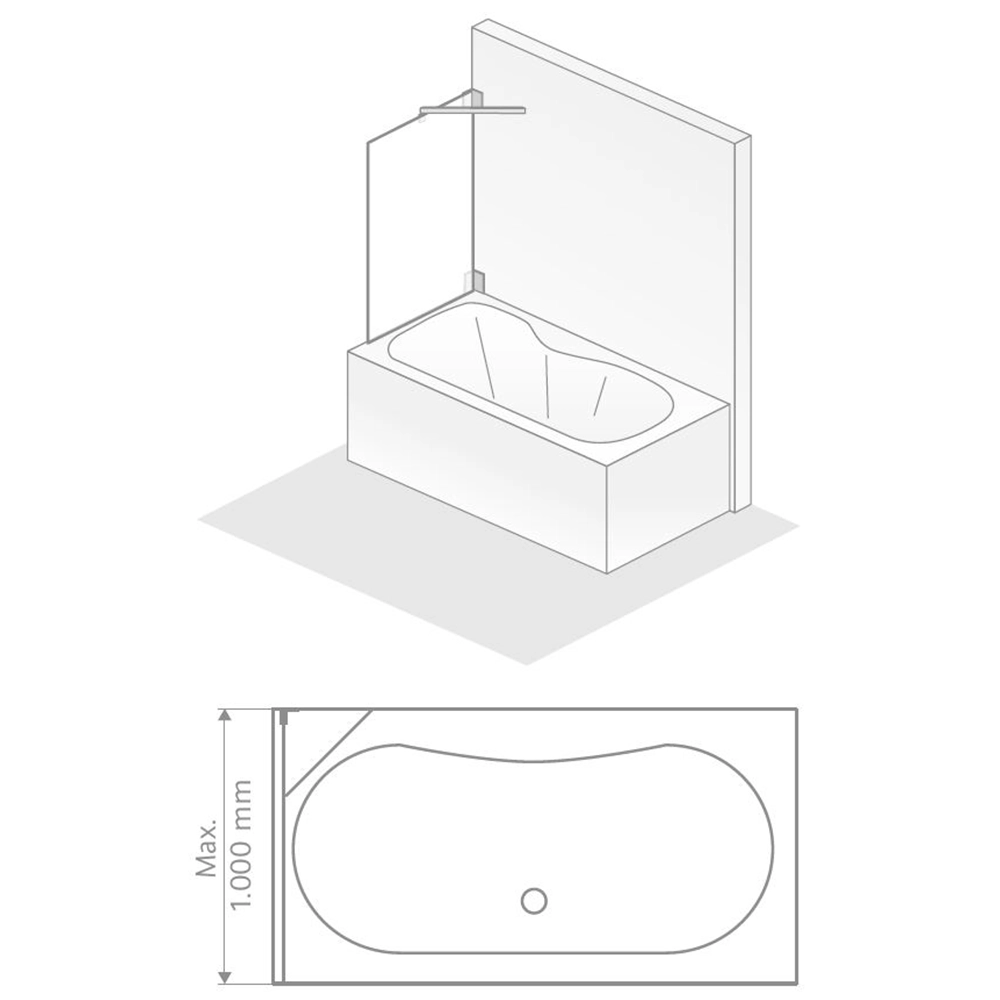 Eine ovale Badewanne ist seitlich dargestellt, mit einer trennenden Duschwand. Die obere Ansicht zeigt die Form und Abmessungen. Es sind Maßangaben von maximal 1.000 mm zu sehen.