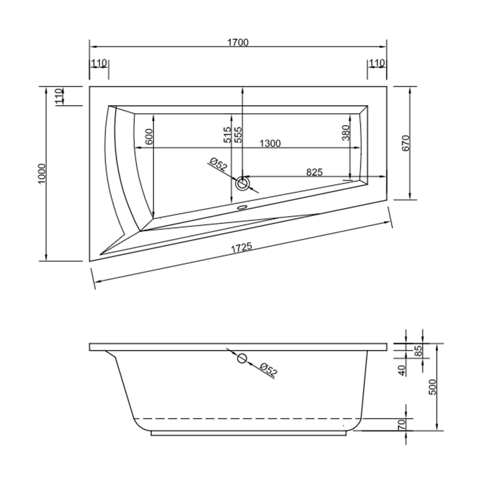 Die Abbildung zeigt eine technische Zeichnung einer Badewanne mit Maßangaben. Die Wanne hat eine asymmetrische Form und misst 1700 mm in der Länge und 1000 mm in der Breite. Sie ist von oben und im Profil dargestellt, mit einem zentralen Abflussloch.