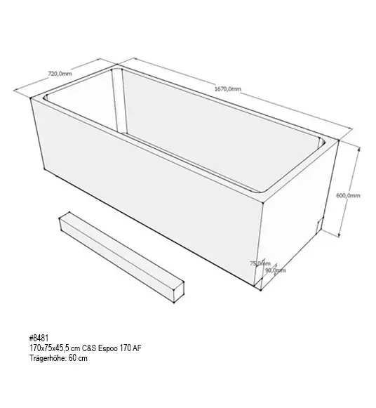 CSW Badewanne Espoo mit Griffen 180x80cm inkl. Wannentäger und Ablaufgarnitur