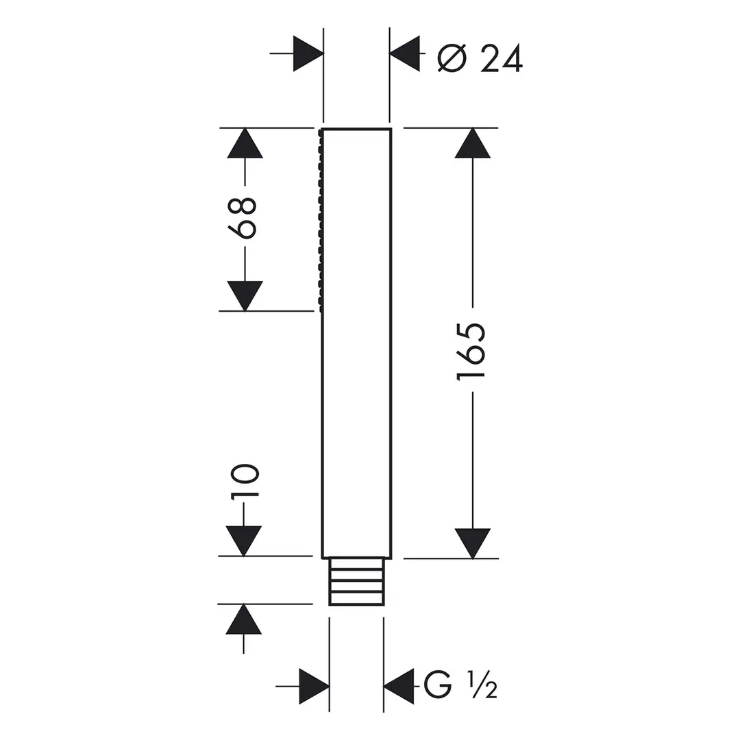 Die Abbildung zeigt eine technische Skizze eines Sanitärteils mit den Maßen: Ø 24 mm Durchmesser, 68 mm Höhe, 165 mm Länge und einem Gewinde G ½.