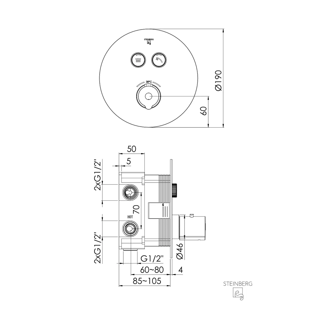 Steinberg Serie 390 unterputz Wannen-Brause-Thermostat rund Schwarz-Matt