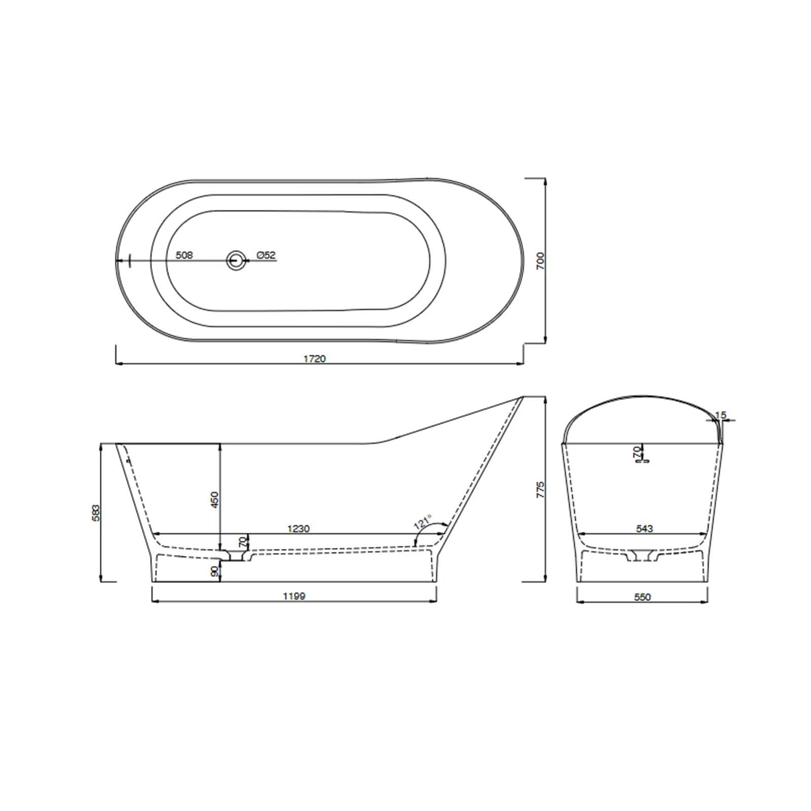 Eine Badewanne wird aus verschiedenen Ansichten präsentiert. Die Zeichnung zeigt eine ovale Form mit spezifischen Maßen: 1720 mm Länge, 700 mm Höhe und 508 mm Breite. Die Details umfassen auch die Tiefen- und Seitenansichten mit Maßangaben.