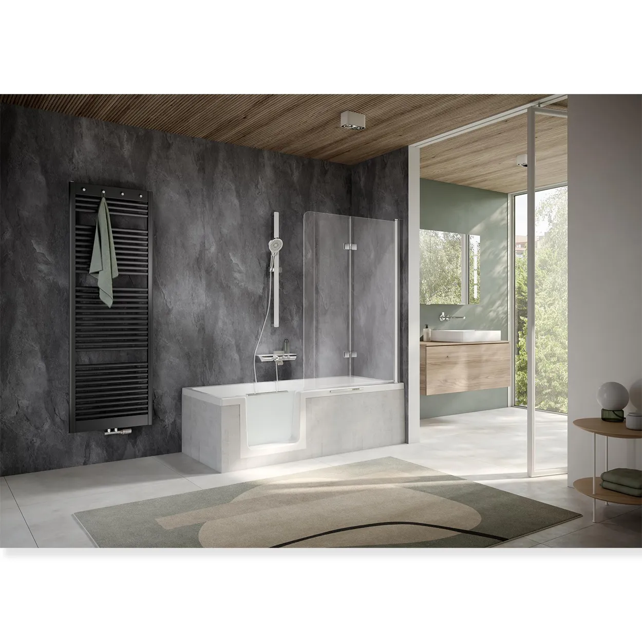 HSK Badewannenaufsatz Favorit Nova 2-teilig pendelbar 90x140cm-RA-Chrom-optik-Linea 02-mit Edelglasbeschichtung