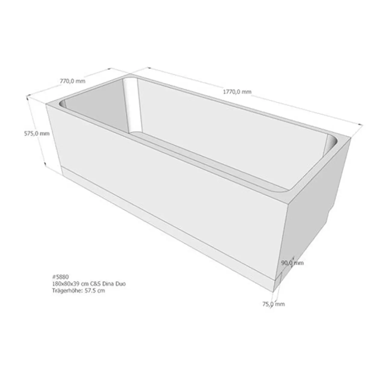 Technische Maßzeichnung des Styropor-Badewannenträgers für die Dina Duo 180x80 cm Badewanne mit einer Trägerhöhe von 57,5 cm.