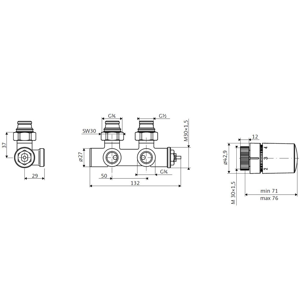 HSK Multiblock Anschluss-Set inkl. Design Thermostatregler - Eckform - Chrom oder schwarz-matt