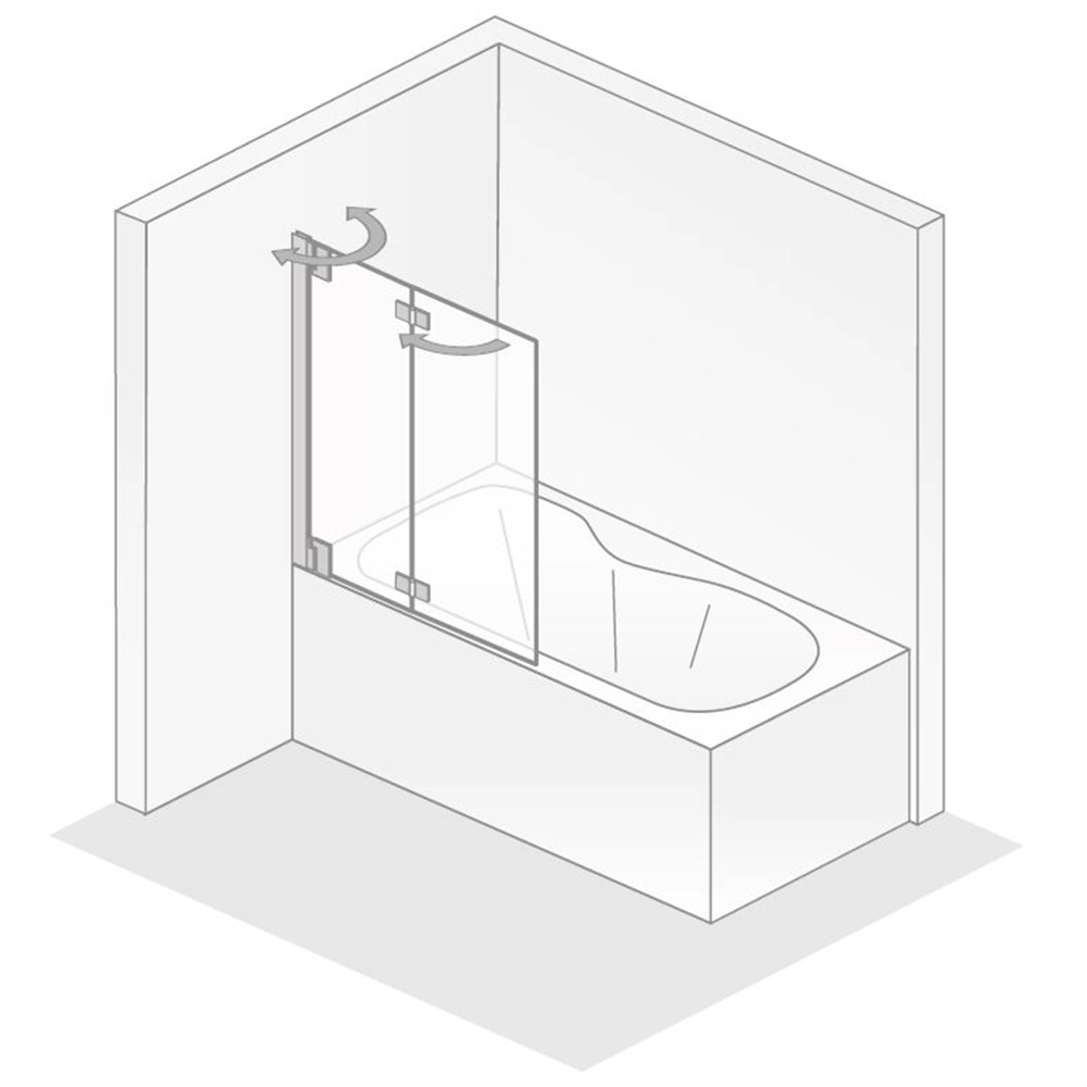 Die Darstellung zeigt eine Badewanne mit einer transparenten Duschabtrennung aus Glas. Die Abtrennung hat zwei Teile, die sich um Ecken bewegen. Der Kontext ist eine einfache, quadratische Badezimmerumgebung.