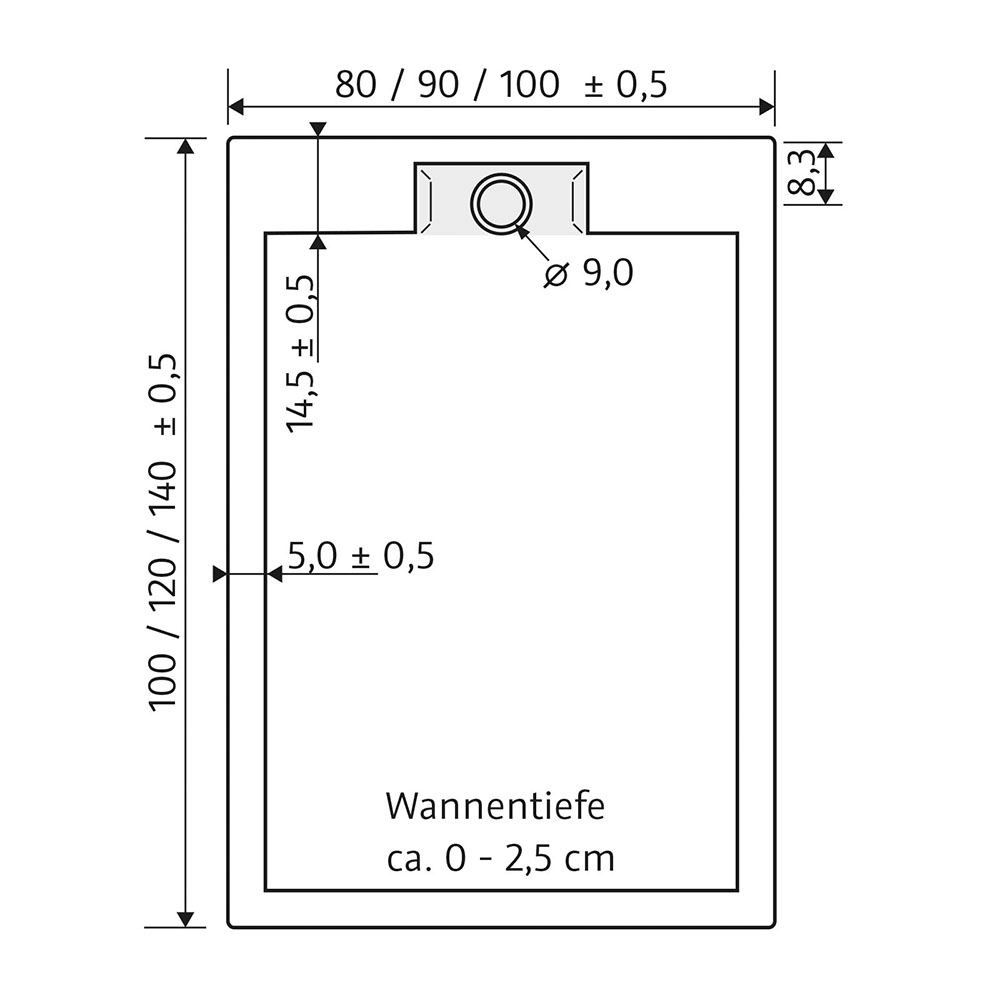 Marmor-Polymer Duschwanne superflach mit Randablauf-Rechteck-90 x 100 cm-ohne AntiSlip-Beschichtung-ohne Aquaproof-Dichtset