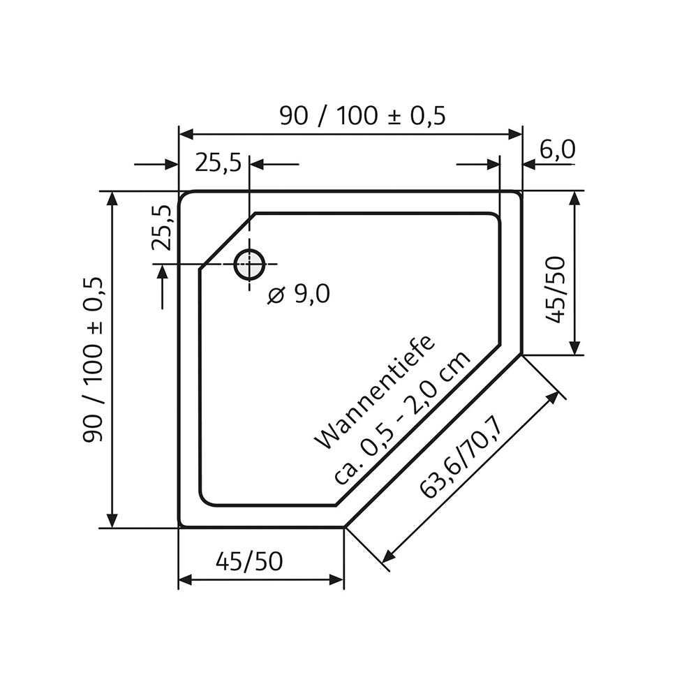 HSK Fünfeck Duschwanne superflach 100 x 100 cm manhatten mit AntiSlip-Beschichtung mit Aquaproof-Dichtset