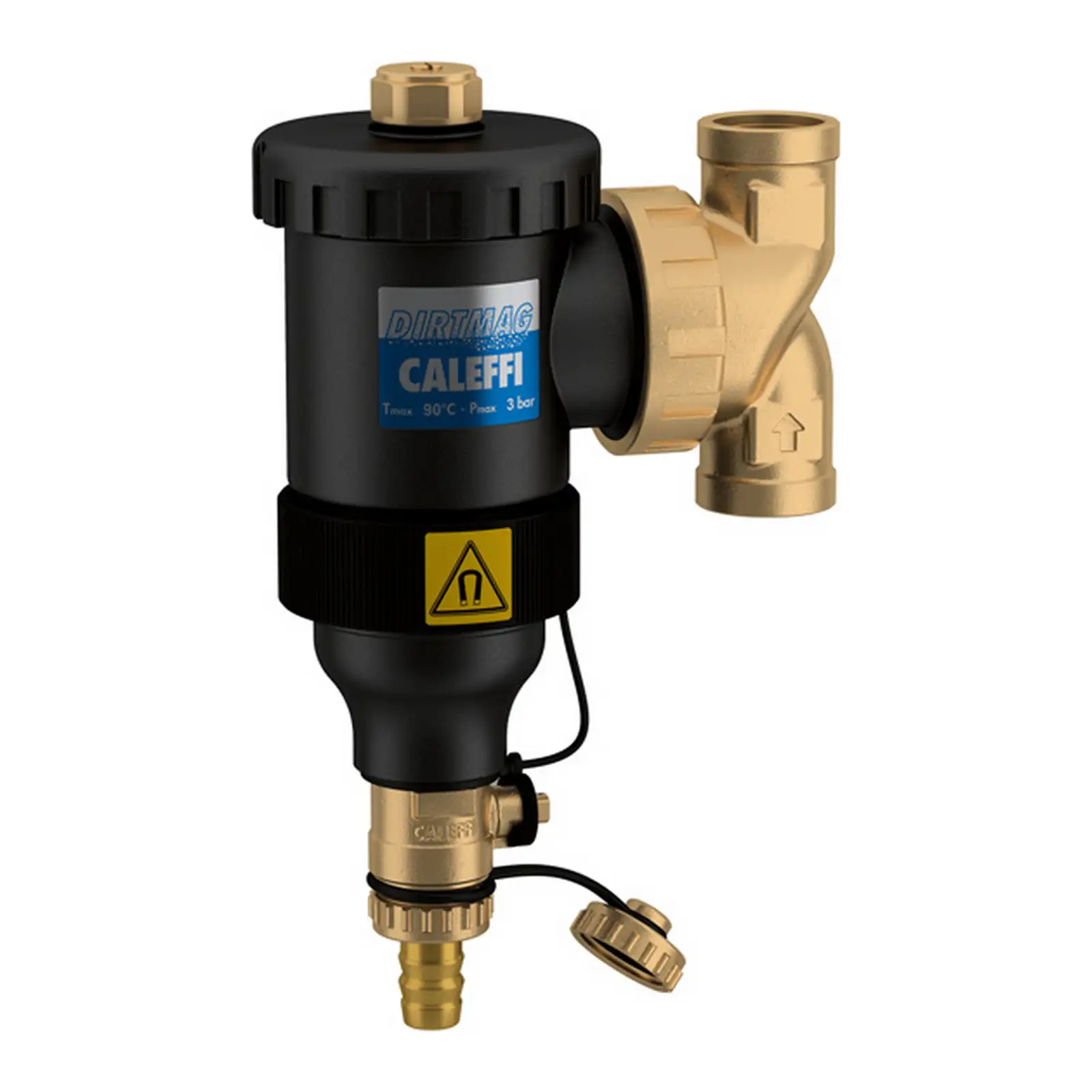 Ein schwarzer Filter mit einem goldenen Anschluss und einem Sicherheitssymbol. Er hat ein markiertes Gehäuse, das die Funktion zur Reinigung von Wasser gewährleistet, vor einem neutralen Hintergrund platziert.