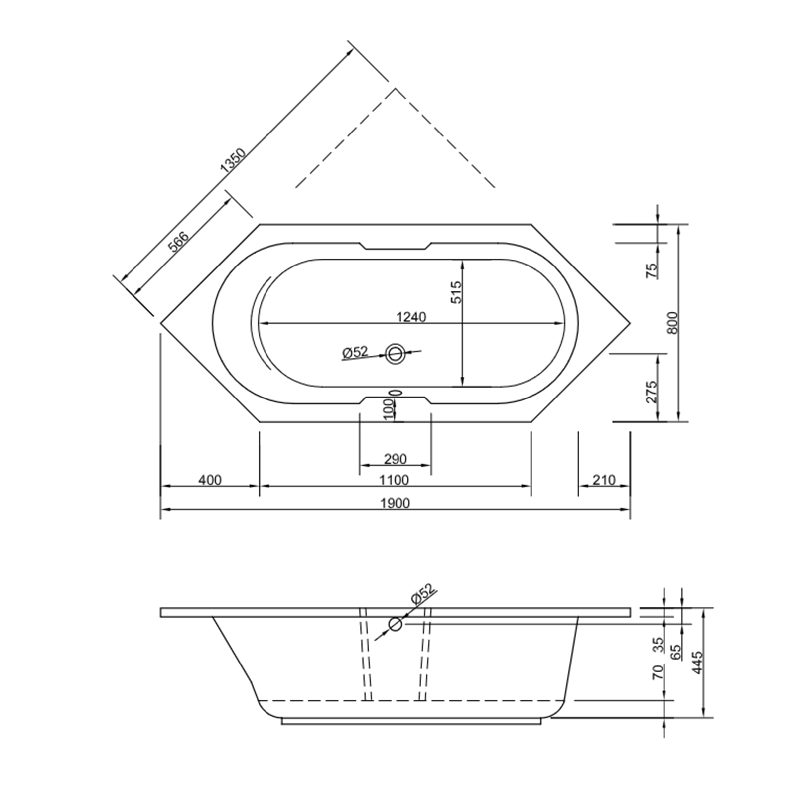 Eine Badewanne ist in einem technischen Maßzeichnung dargestellt. Die Form ist oval mit einer asymmetrischen Kante. Dimensionen sind genau angegeben, wie Länge, Breite und Höhe.