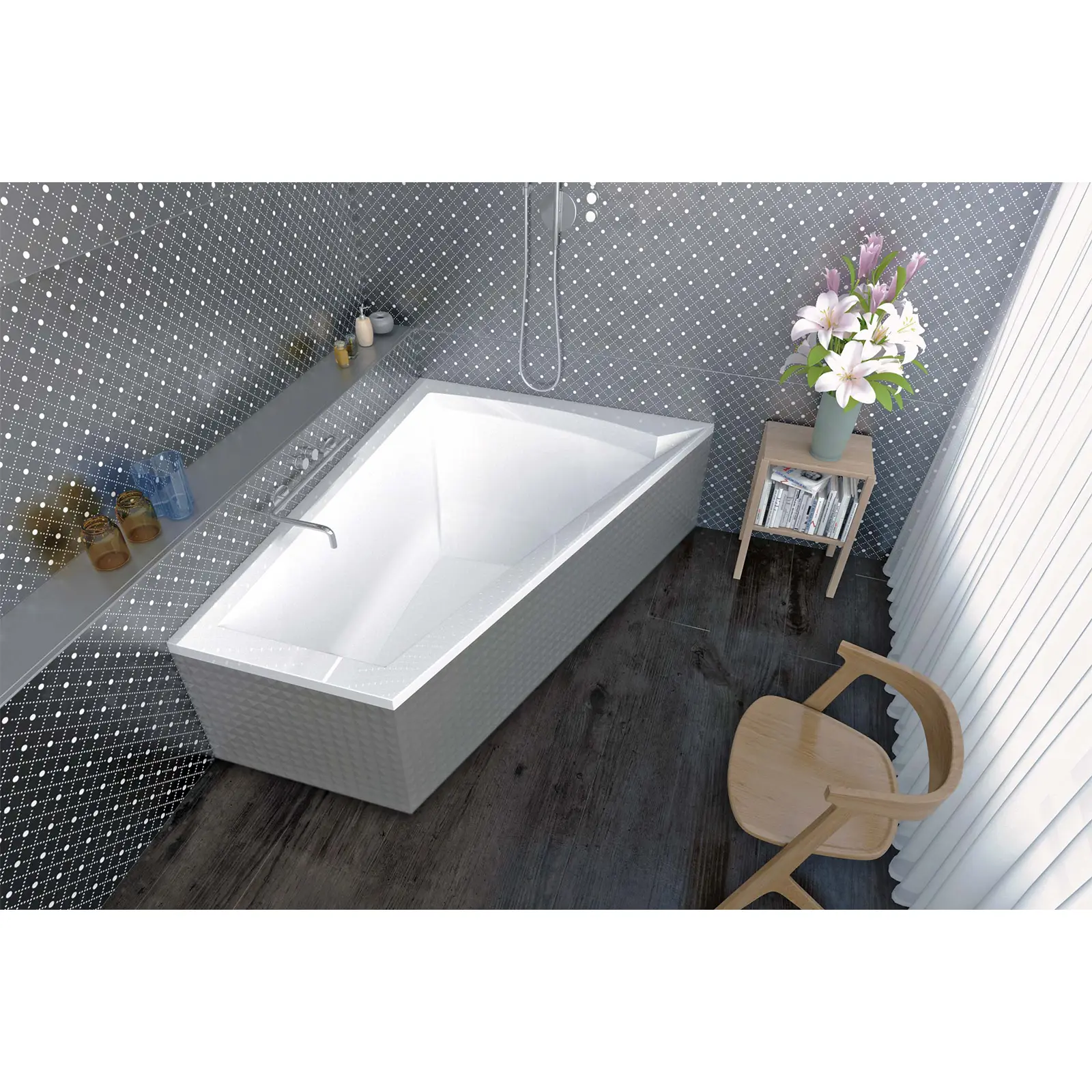 Eine moderne, rechteckige Badewanne mit einem glänzenden weißen Finish steht in einem stilvollen Badezimmer. Die Wanne hat eine leicht angewinkelte Form und wird von einem grauen, gemusterten Fliesendesign umgeben. Daneben befindet sich eine kleine Holzko