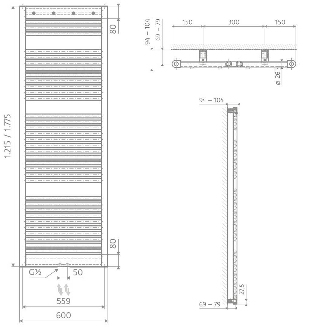 HSK Line Pro Badheizkörper Mittelanschluss 600 x 1775 mm-manhattan-grau