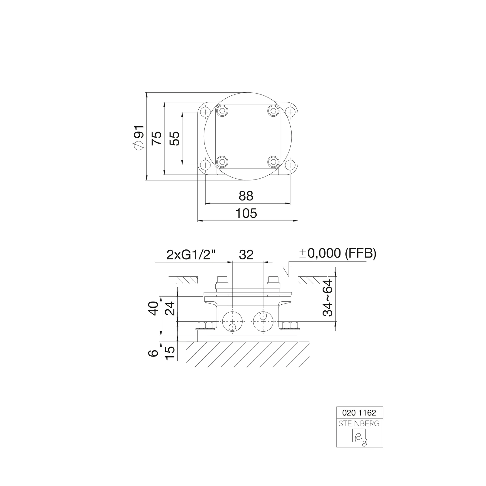 Ein technisches Diagramm zeigt ein Sanitärteil mit runder Form und vier Befestigungslöchern. Die Maße, einschließlich Durchmesser und Anschlüsse, sind präzise angegeben. Das Design ist funktional und klar strukturiert.