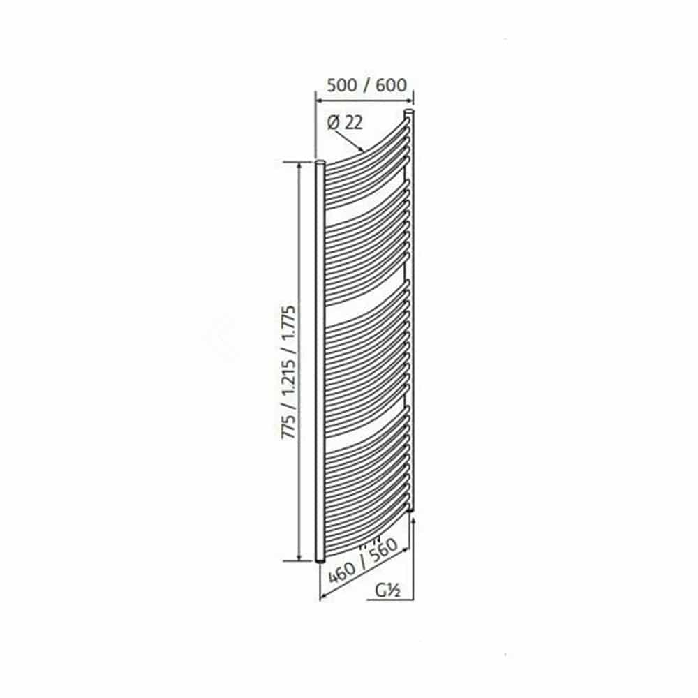 HSK Line Round Badheizkörper gebogen Mittelanschluss alle Größen weiß-matt-775 x 500 mm