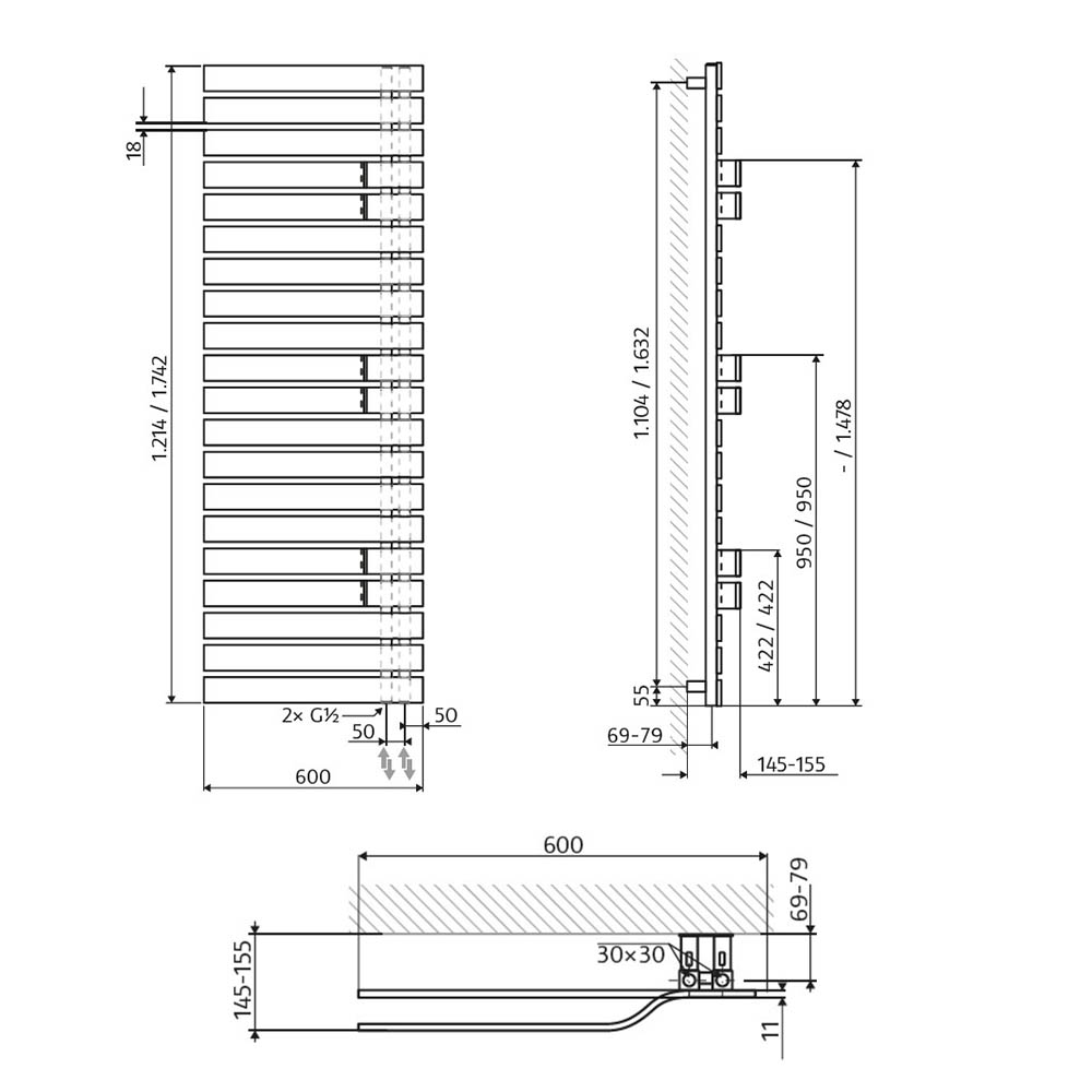 HSK Yenga Plus Design Badheizkörper Handtuchheizkörper, 1214 x 600mm, weiß HSK Yenga Plus Design Heizkoerper technische Zeichnung