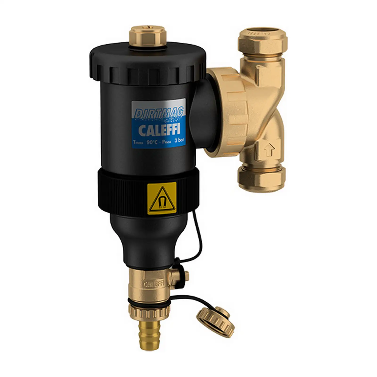 Ein schwarzer Magnetfilter mit goldenen Wasseranschlüssen. Er hat eine runde obere Abdeckung mit einer Warnsymbol und zeigt die Marke -CALEFFI-. Er ist für hohe Temperaturen und Druck ausgelegt.