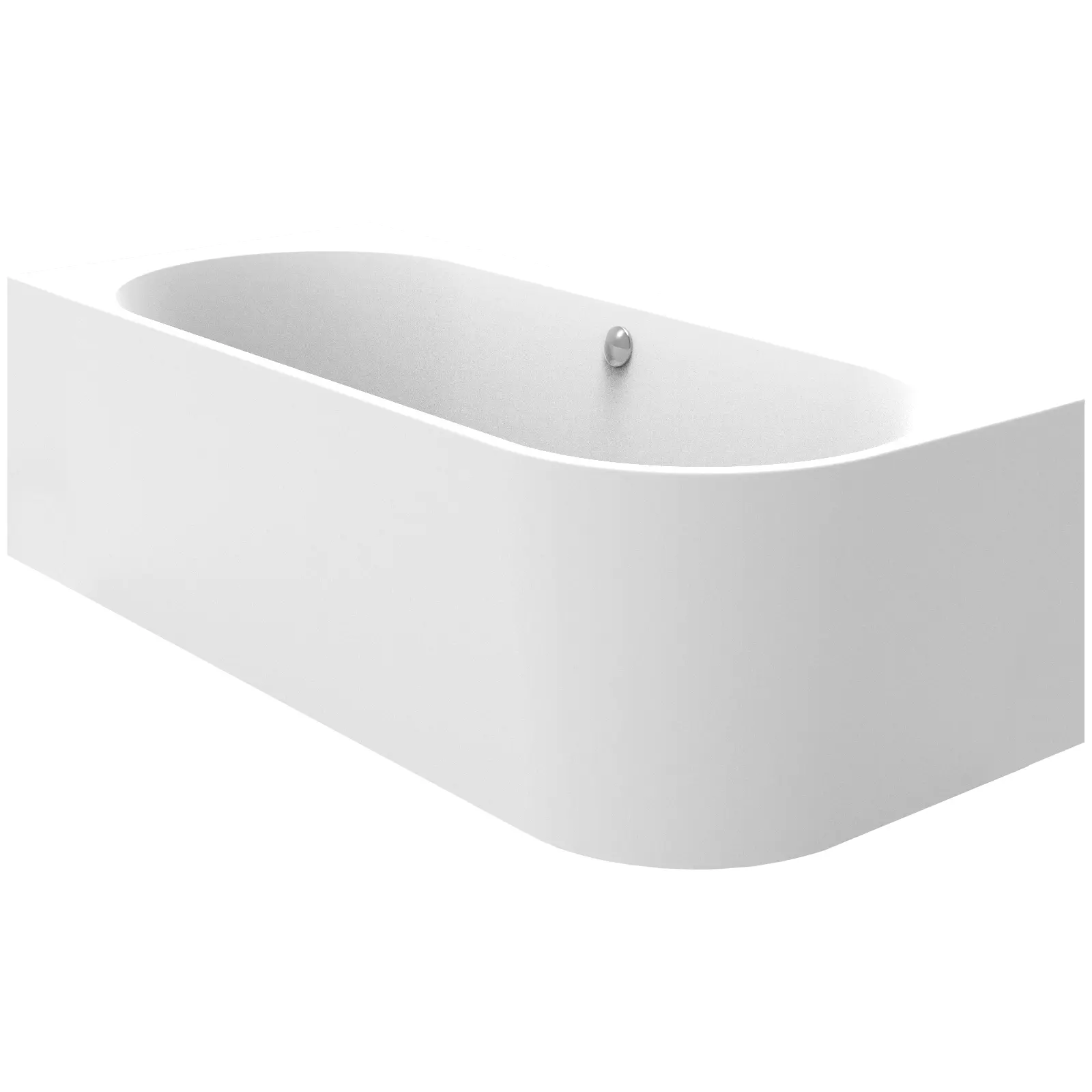Eine moderne, freistehende Badewanne in glänzendem Weiß, oval geformt mit abgerundeten Kanten. Sie ist schlicht und elegant gestaltet, mit einem minimalistischen Ablaufventil. Der Hintergrund ist einfarbig.