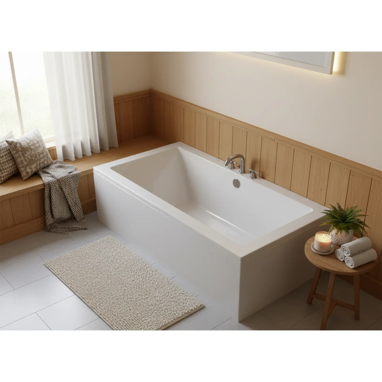 Eine weiße Badewanne steht in einem hellen Badezimmer auf grauen Fliesen. Neben der Wanne befinden sich ein Holzregal mit Handtüchern und eine kleine Pflanze sowie ein Teppich. Weiche Vorhänge und Kissen ergänzen die gemütliche Atmosphäre.