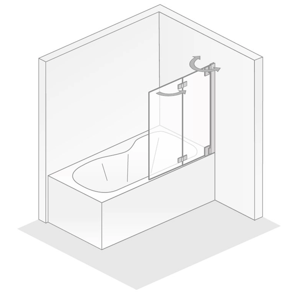 Eine Badewanne mit einer transparenten, schwenkbaren Duschabtrennung aus Glas ist abgebildet. Die Abtrennung ist an der Wand montiert und bietet einen modernen, offenen Look in einem minimalistischen Badezimmer.