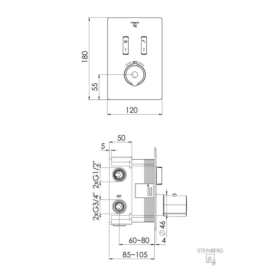 Steinberg Serie 390 unterputz Wannen-Brause-Thermostat eckig Rose Gold